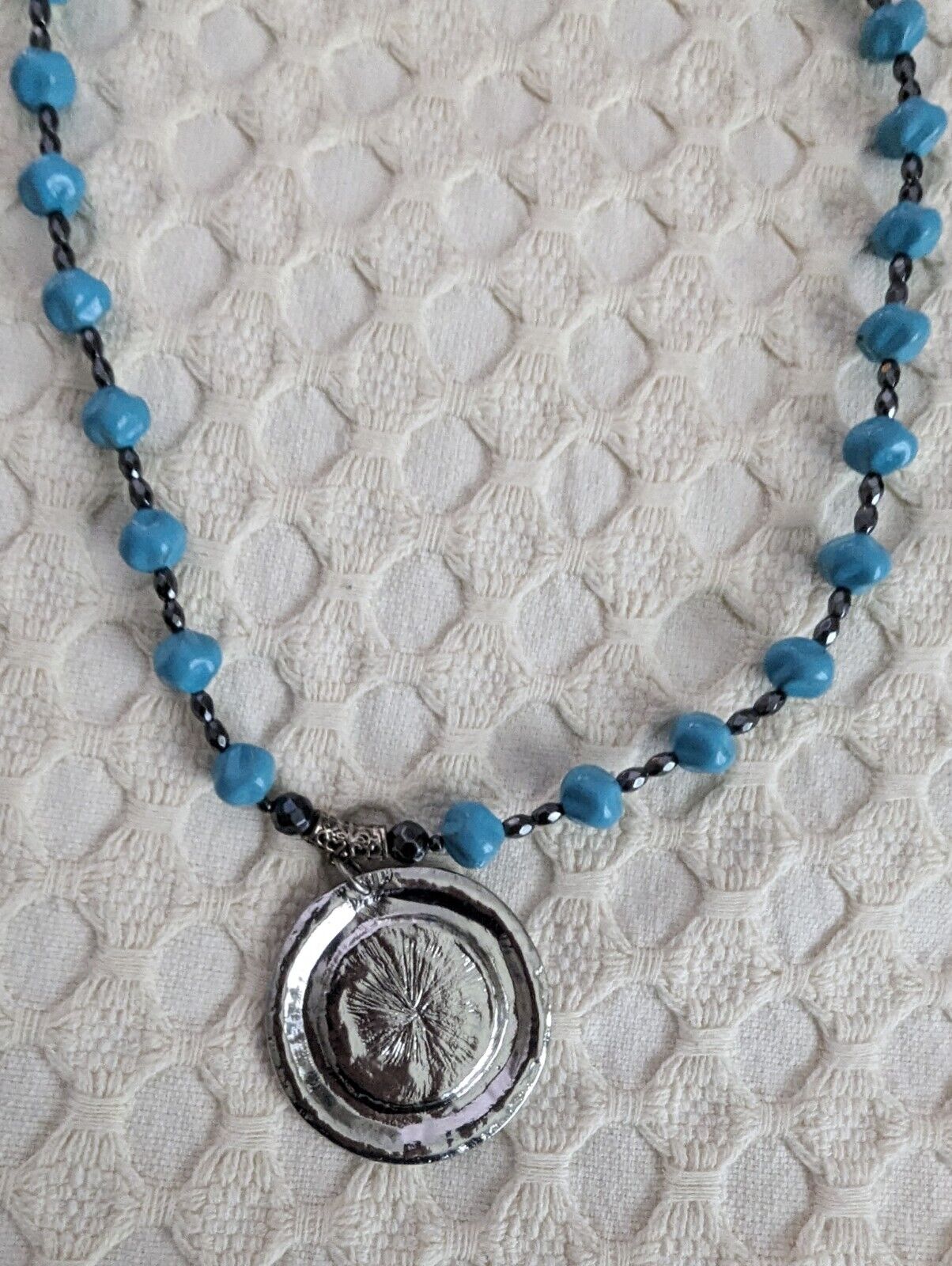 Large Faux Turquoise And Silver Tone Pendant Necklace