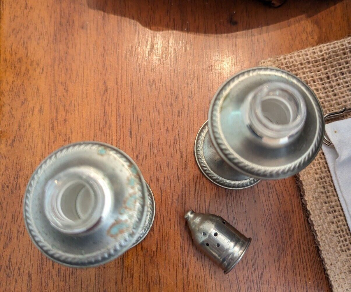 Vintage Metal Glass Set Salt Pepper Shakers Mid Century Plated