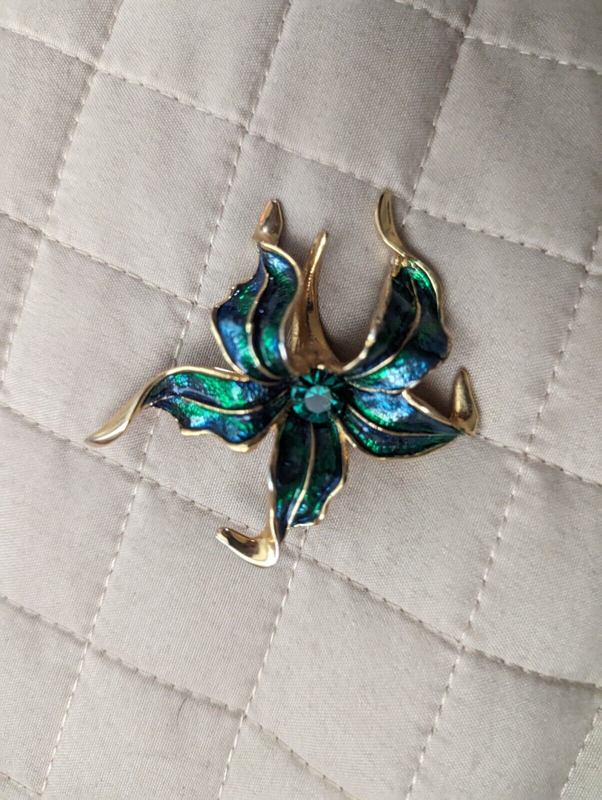 Enamel Goldstone Lily Brooch With Green Stone Jewel toned