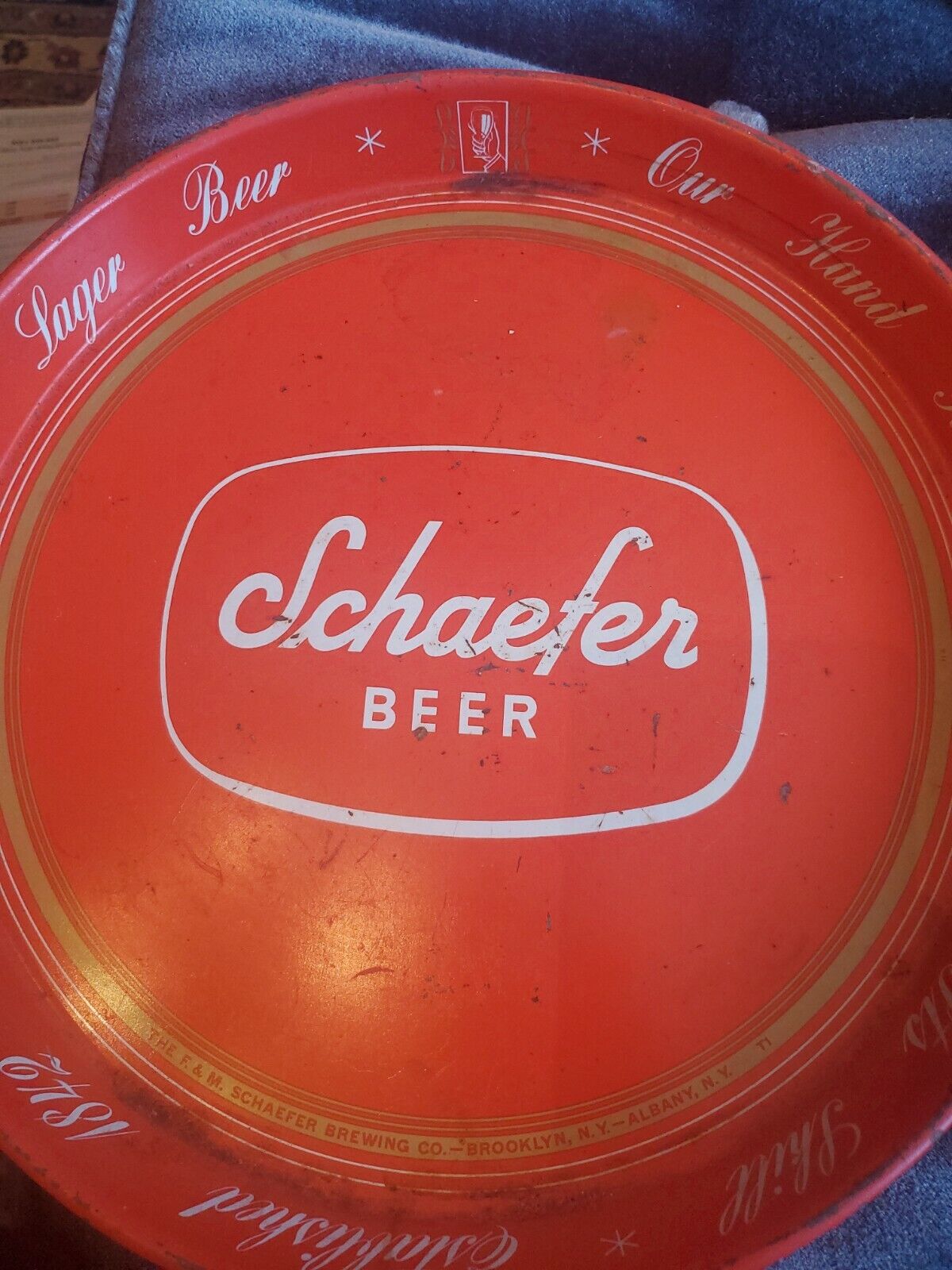 Vintage 1960's Era 12" Red Schaefer Beer Metal Beer Tray