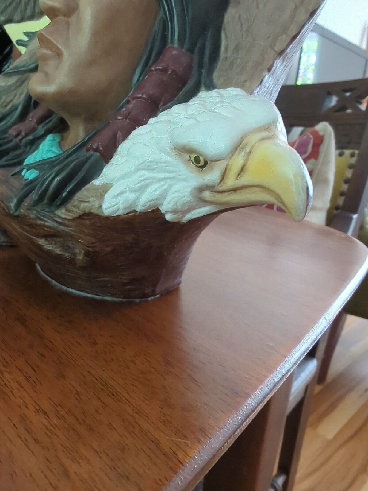 Vintage Native American Ceramic Brave Leader Figure with  Eagles, hand painted