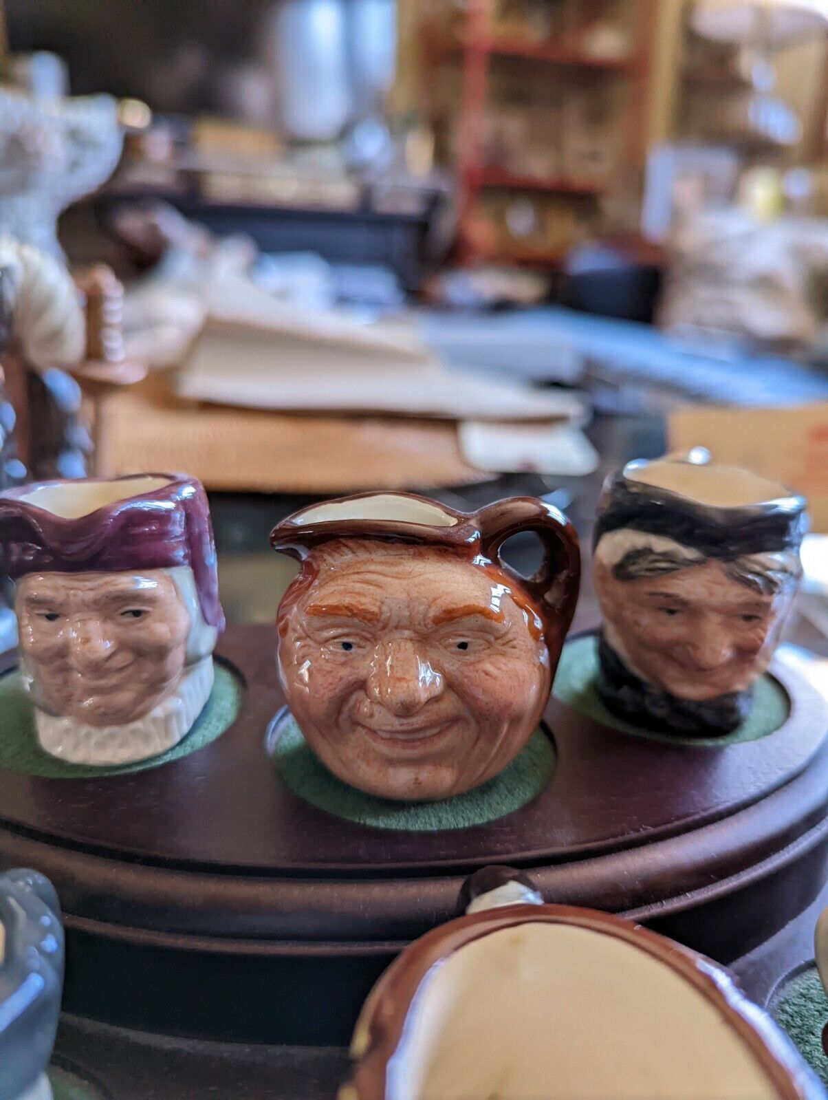 Six Miniatures Royal Doulton Mugs With Fine Wood Stand