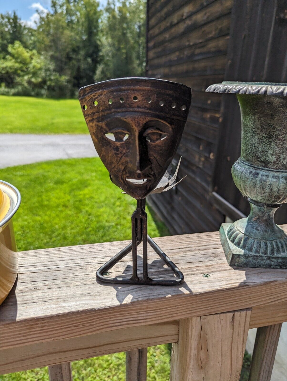 Unique Triangular Shaped Metal Mask Face Candle Holder From Indonesia