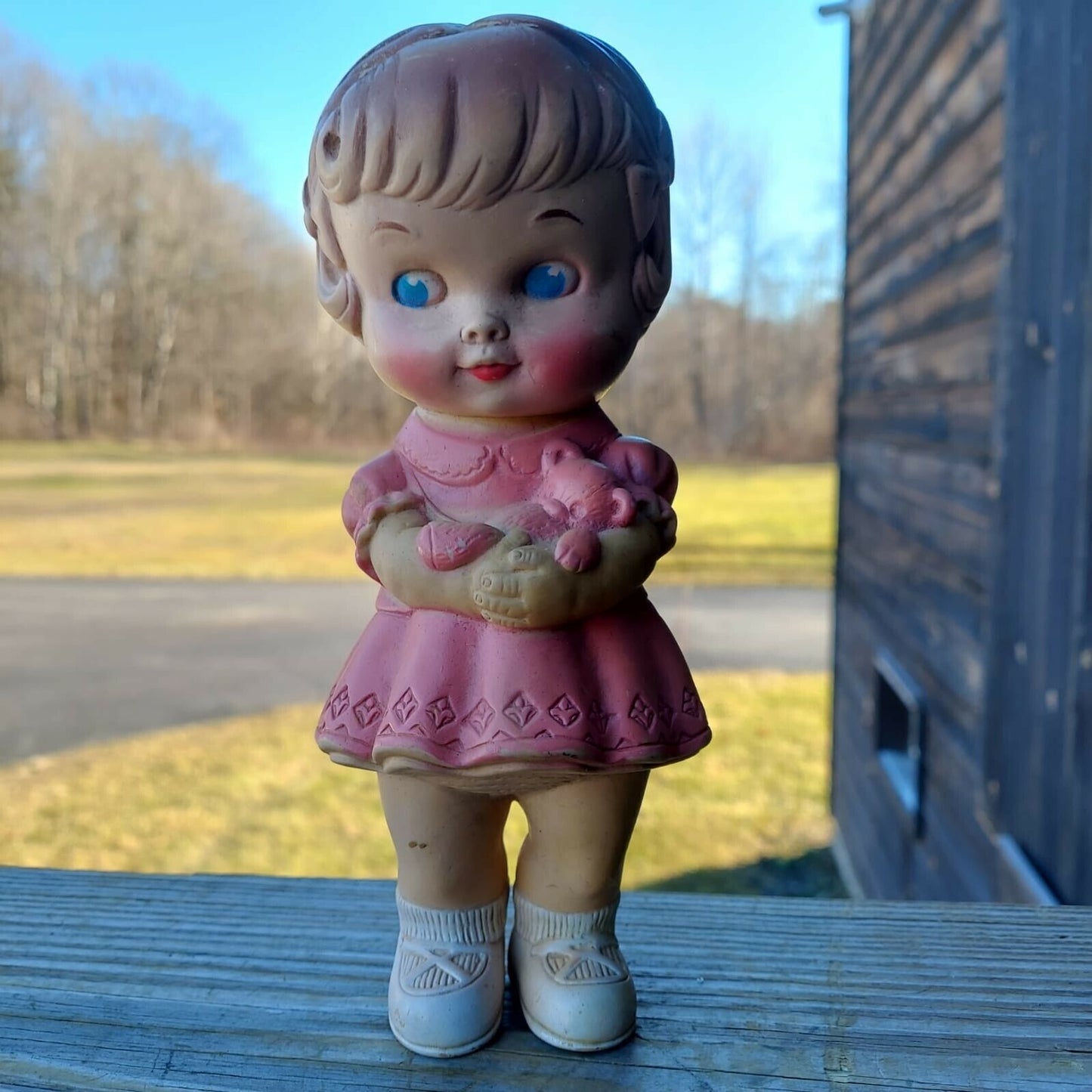 1960's Edward Mobley Squeaky Toy 8 1/2" Standing Rubber Doll Girl in Pink Dress