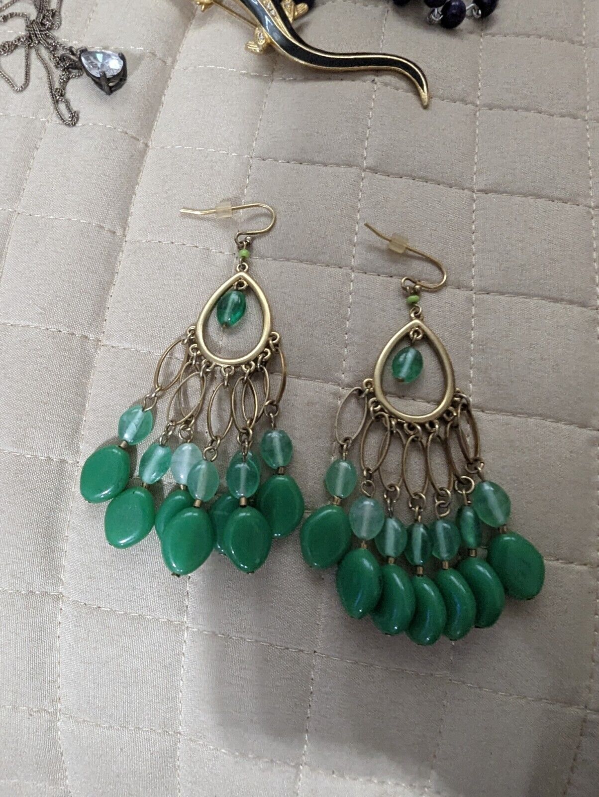 Teel Green On Silver Tone Loop Dangling Earrings