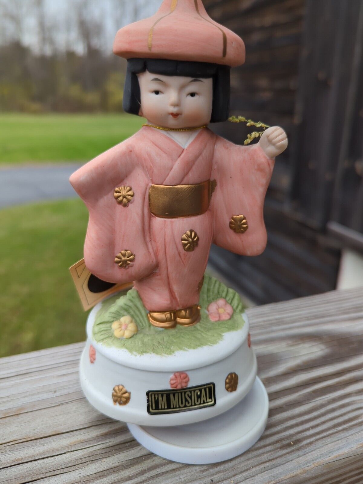 Vintage Flambro Porcelain Japanese Lady Revolving Music Box  6 Inches Tall