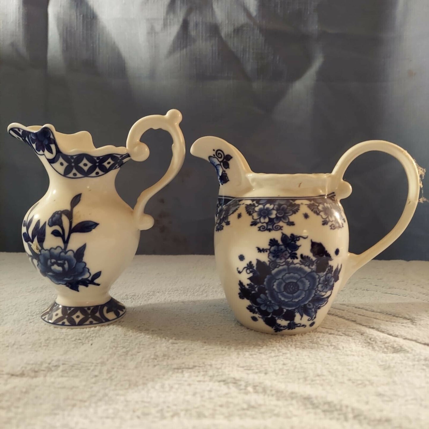 Set of Two London Pottery Blue White Victorian Floral Creamer Pitchers Tea