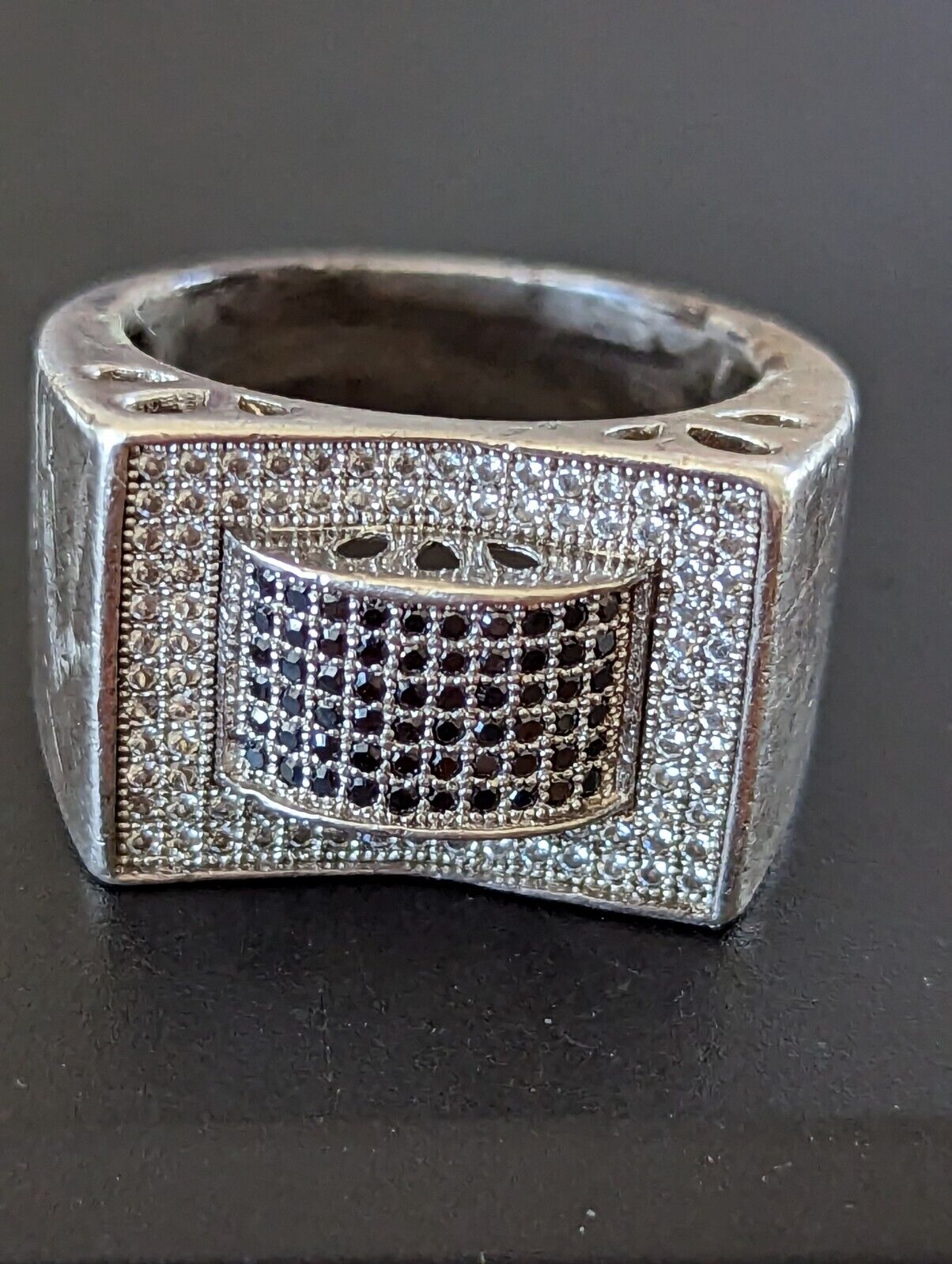 Vintage 925 Silver Black Diamond Pave Wide Band Size 9 Ring