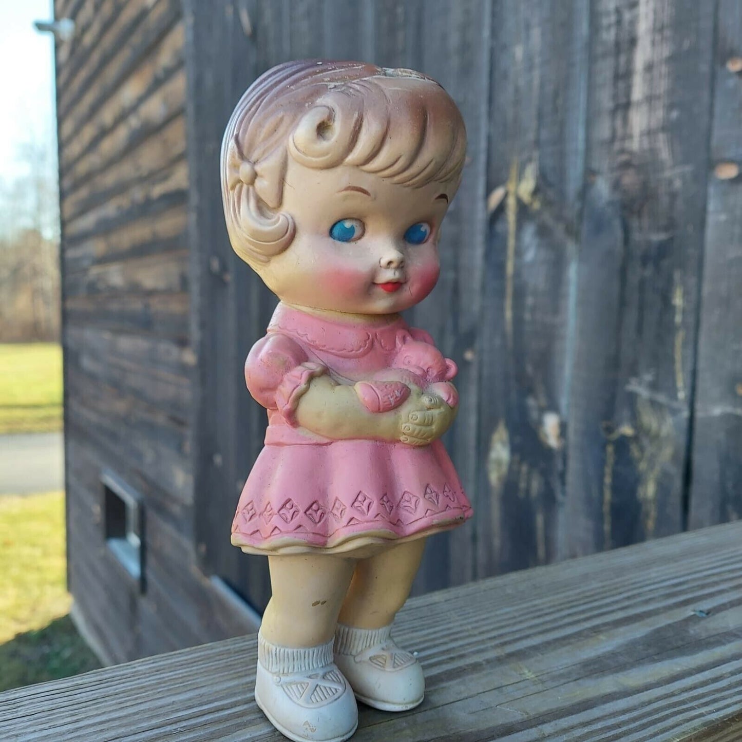 1960's Edward Mobley Squeaky Toy 8 1/2" Standing Rubber Doll Girl in Pink Dress