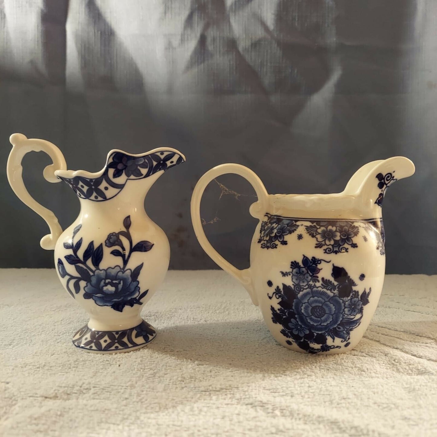 Set of Two London Pottery Blue White Victorian Floral Creamer Pitchers Tea