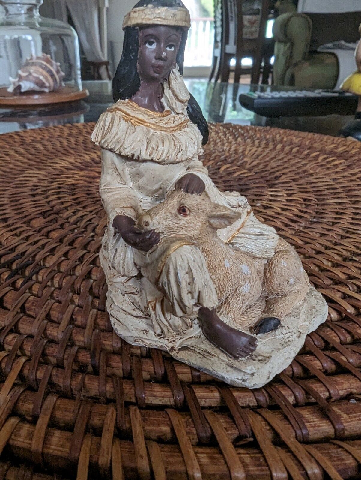 Beautiful Maiden With Deer In Lap Resin 4" Figurine