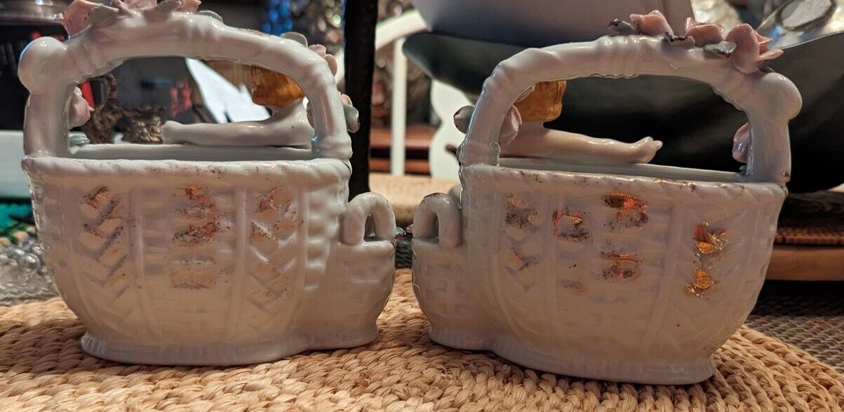 Two VTG Porcelain  White Gold Planters Baskets Cherubs Applied Pink Rose 6" Each