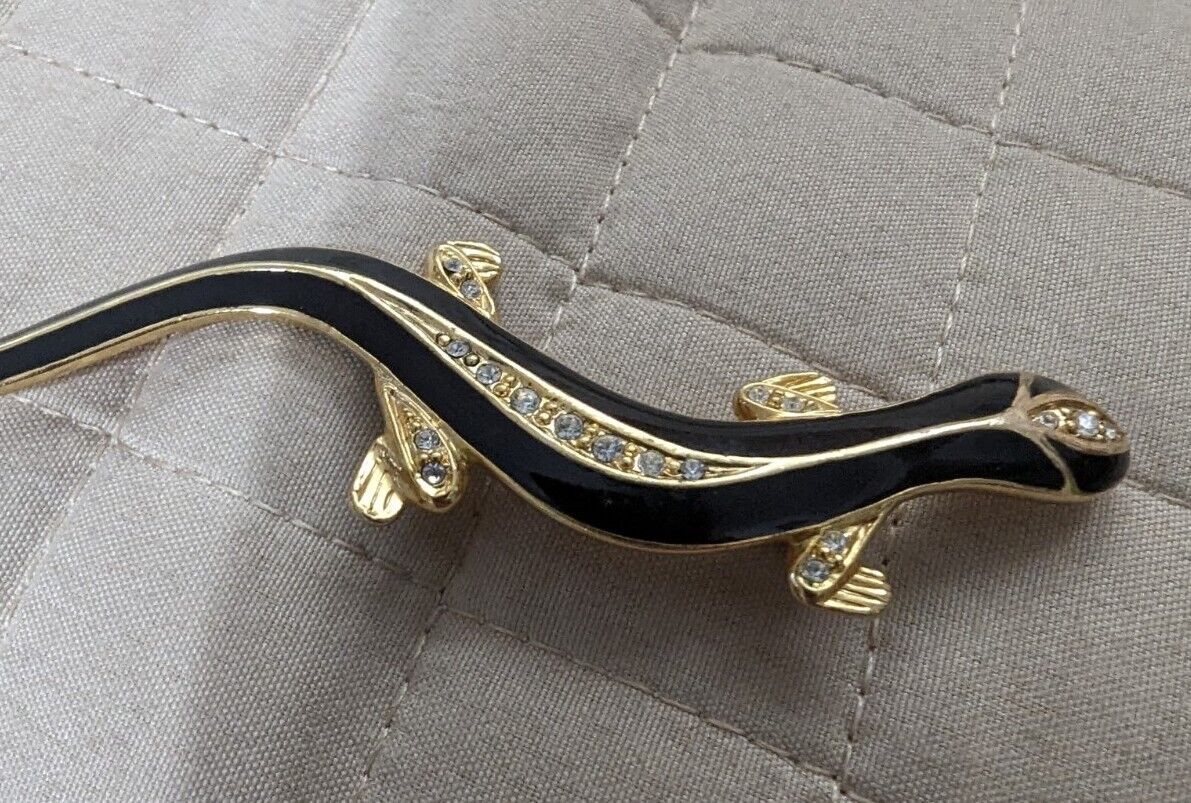 Gold Tone Black Enamel Crystal Rhinestone Salamander Brooch Pin 2.65 In.