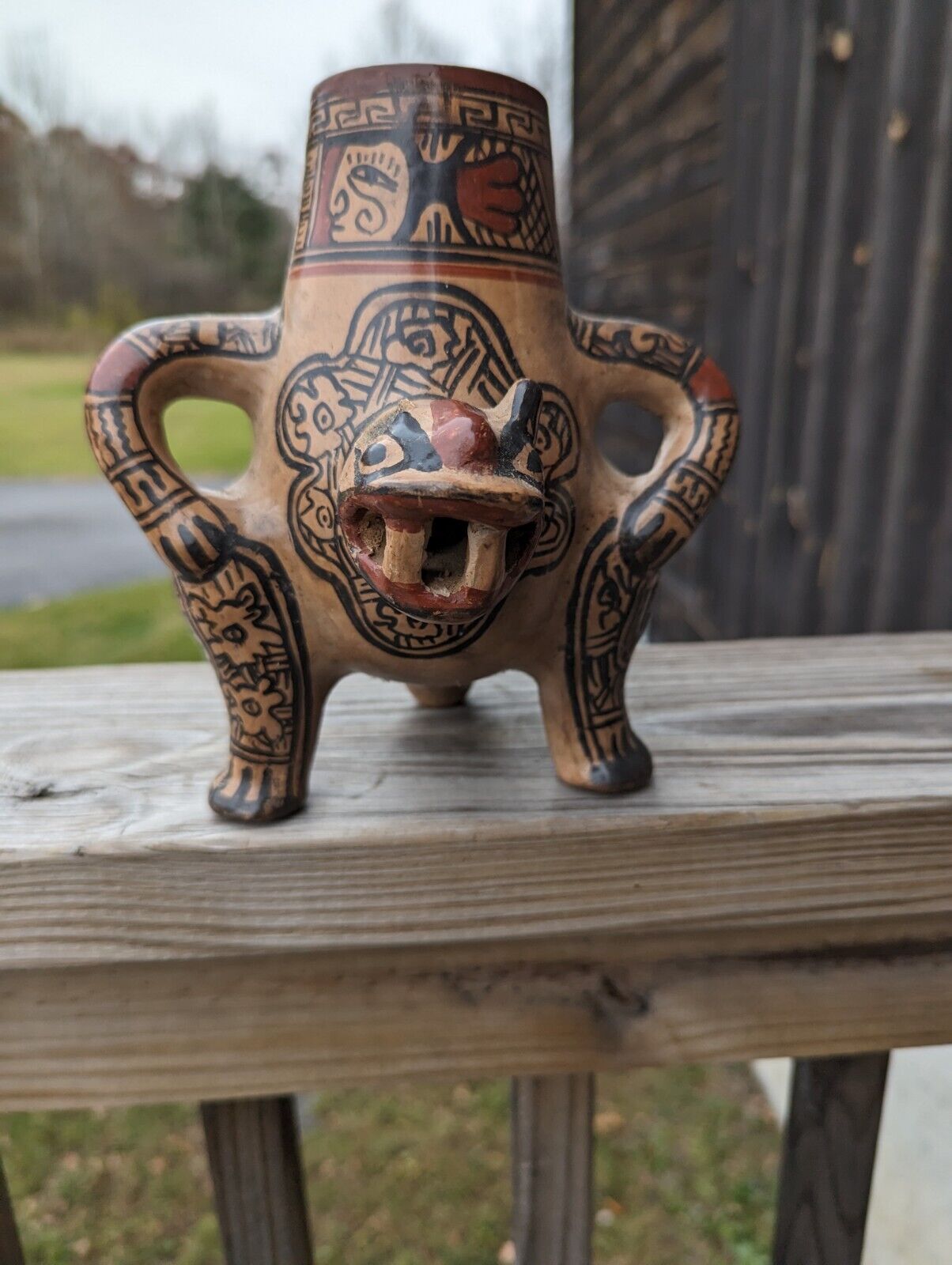 Vintage Jaguar Shaker Clay Hand Painted Folk Art Primitive Pottery - Rattle