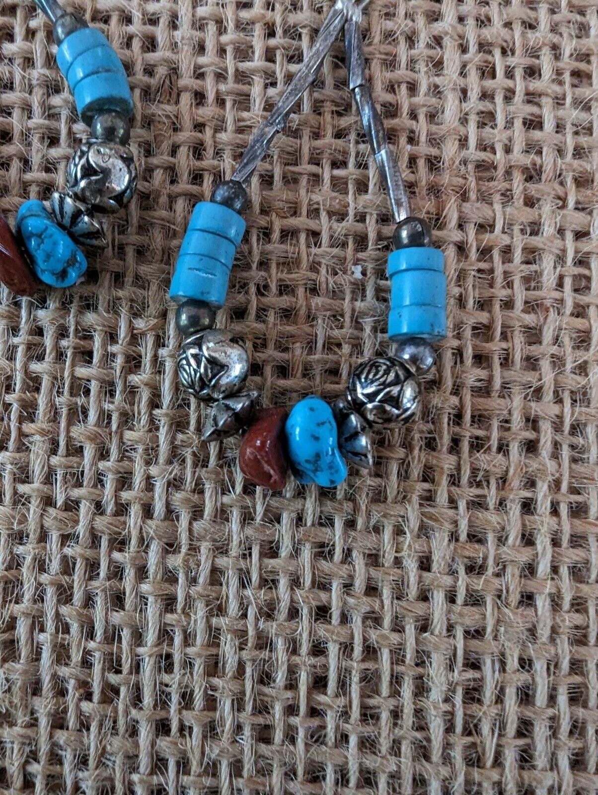 Casual Boho Chic Turquoise Blue & Etched Silver Full Loop Dangle Drop Earrings.