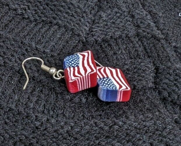 Wood Block American Flag Earings