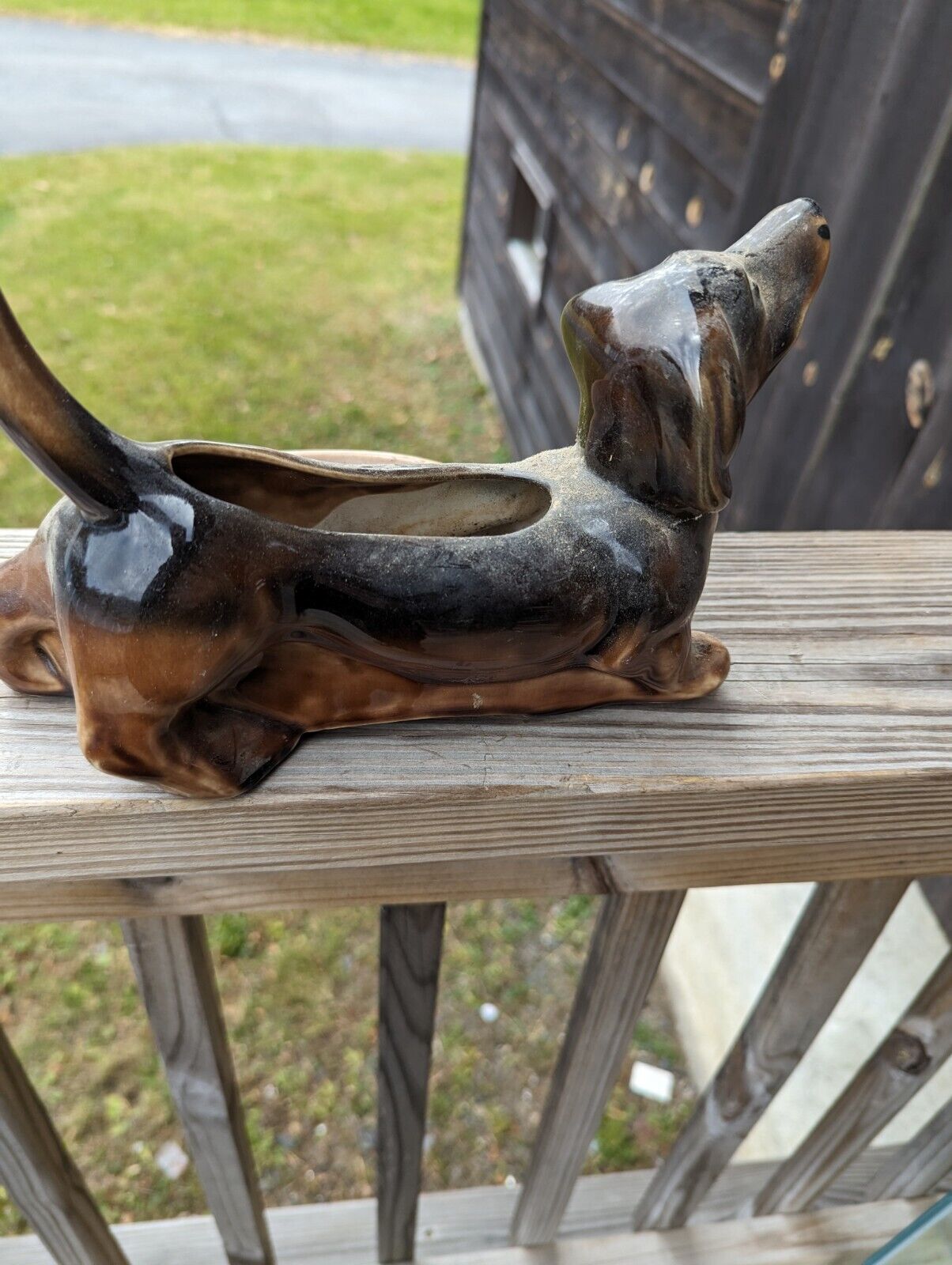 Vintage MCM 50s 10 Inch Dachshund Ceramic Planter Trinket Dish Weiner Dog