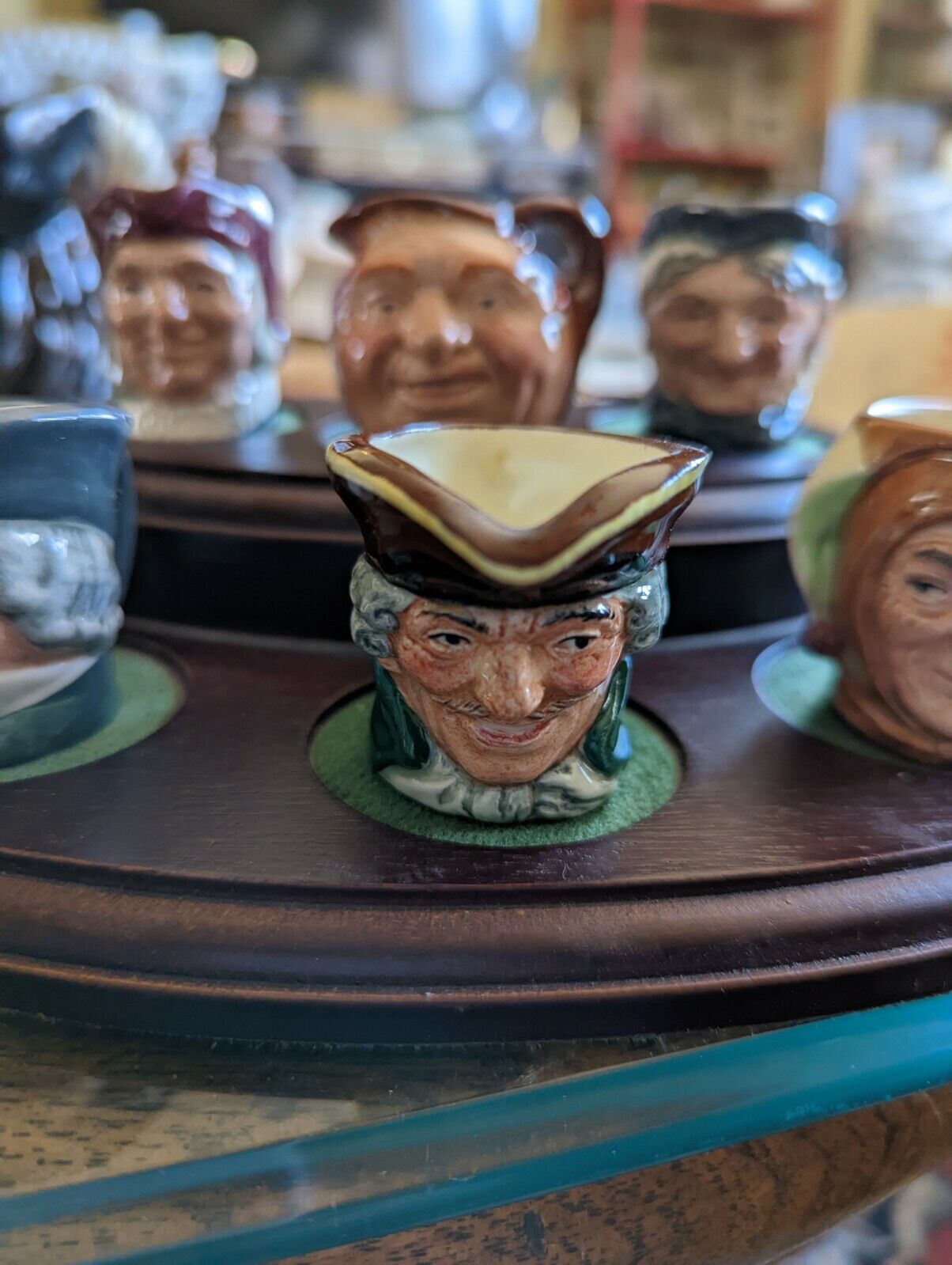 Six Miniatures Royal Doulton Mugs With Fine Wood Stand