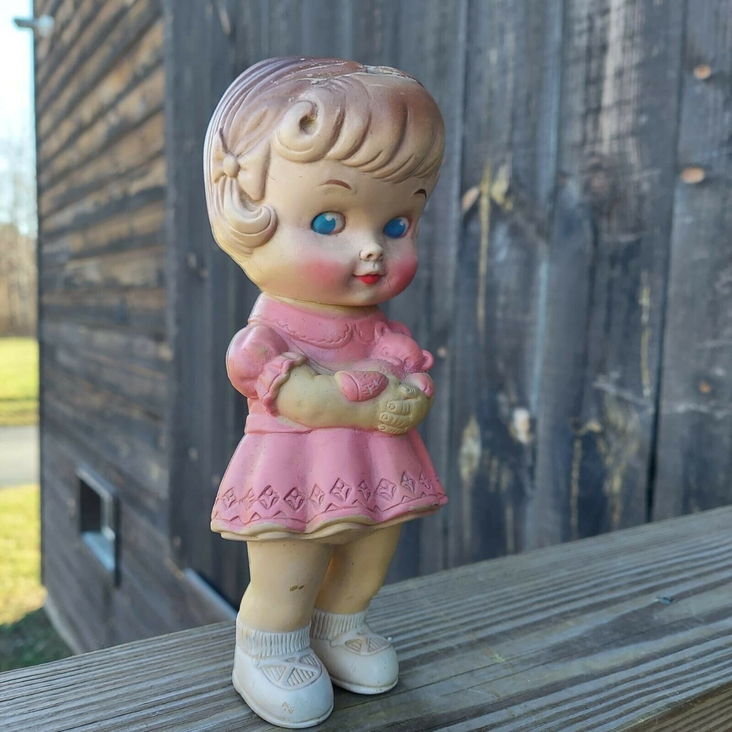 1960's Edward Mobley Squeaky Toy 8 1/2" Standing Rubber Doll Girl in Pink Dress