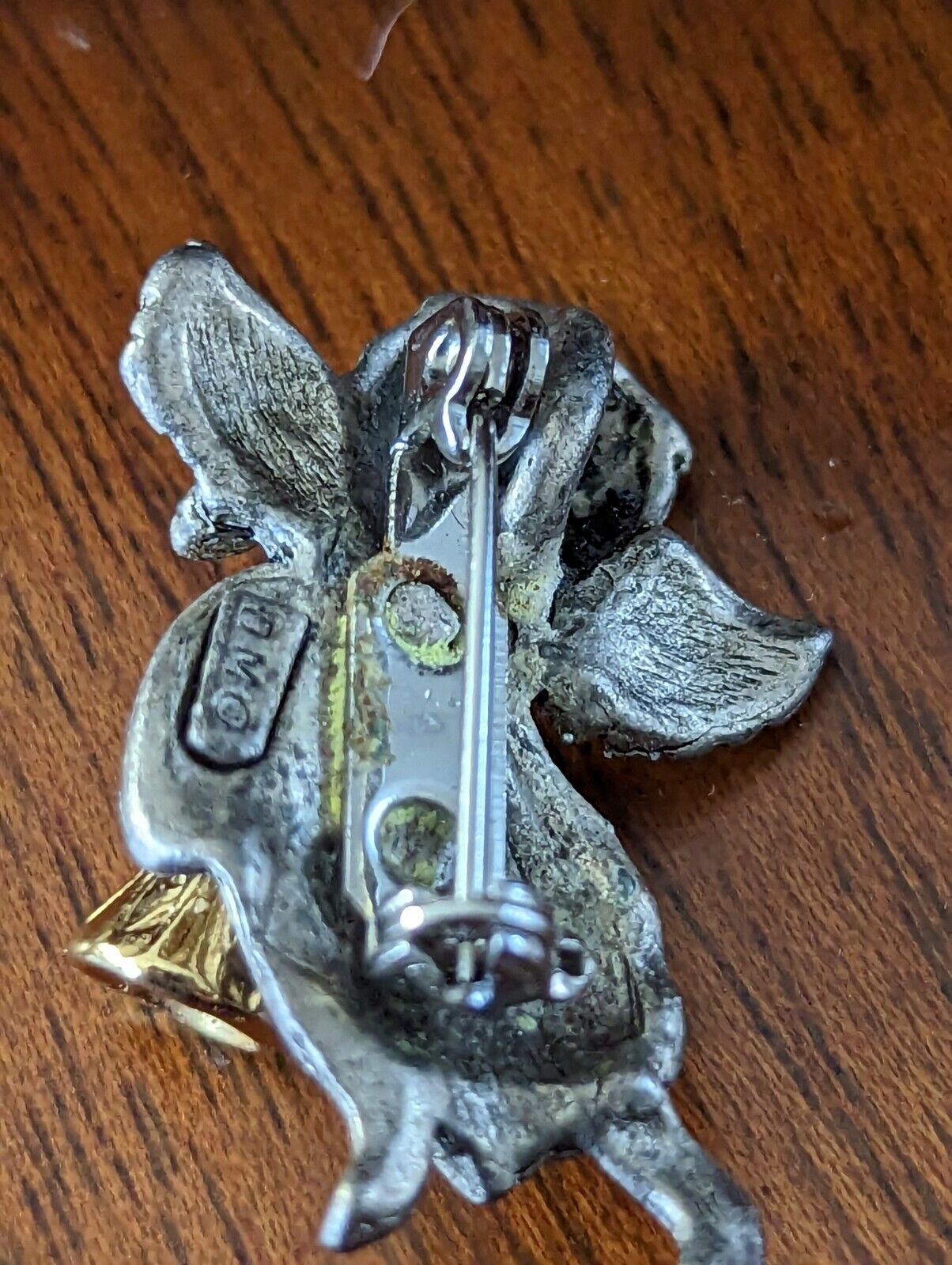 Vintage Pewter Guardian Angel With Golden Flute Brooch Signed DMO