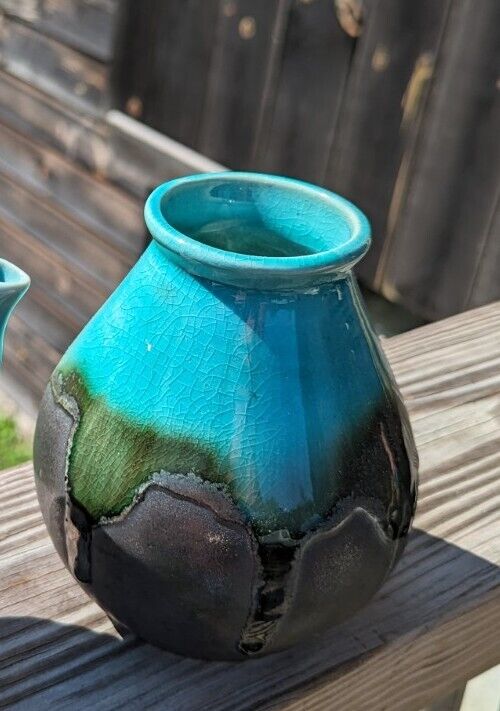 Clay Ceramic Vase Chocolate Brown With Glossy Turquoise Glaze Drip