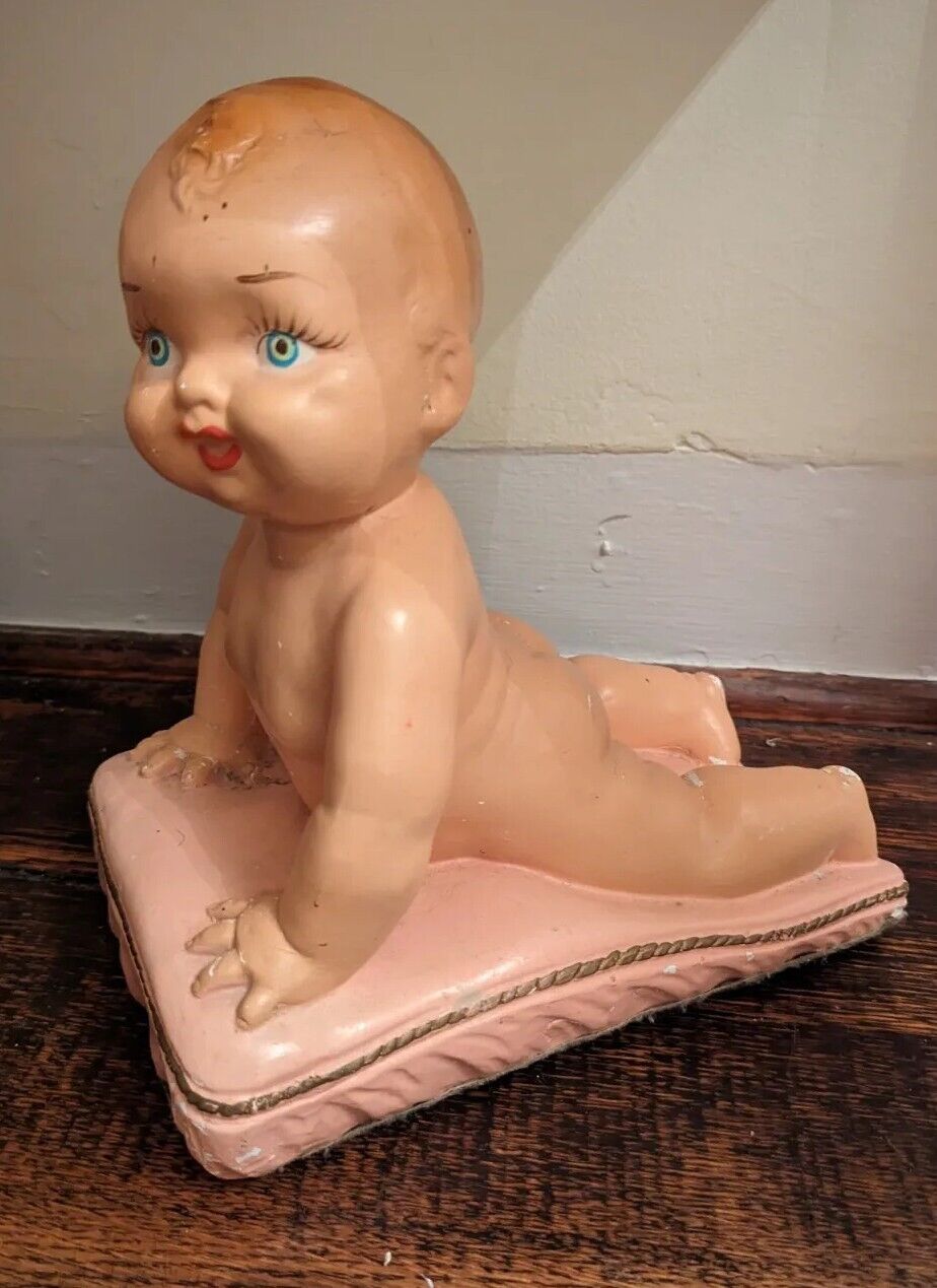 True Vintage 50s Chalkware Piano Baby - Poured Painted plaster baby girl Rare