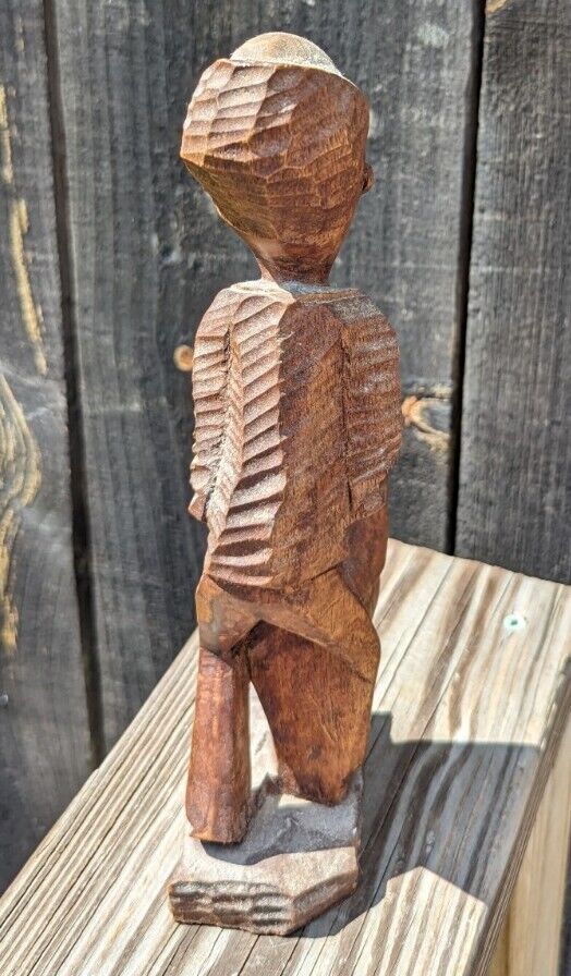 Vintage Hand Carved Wood Man On Drums African Tribal Folk Art Statues Figurine