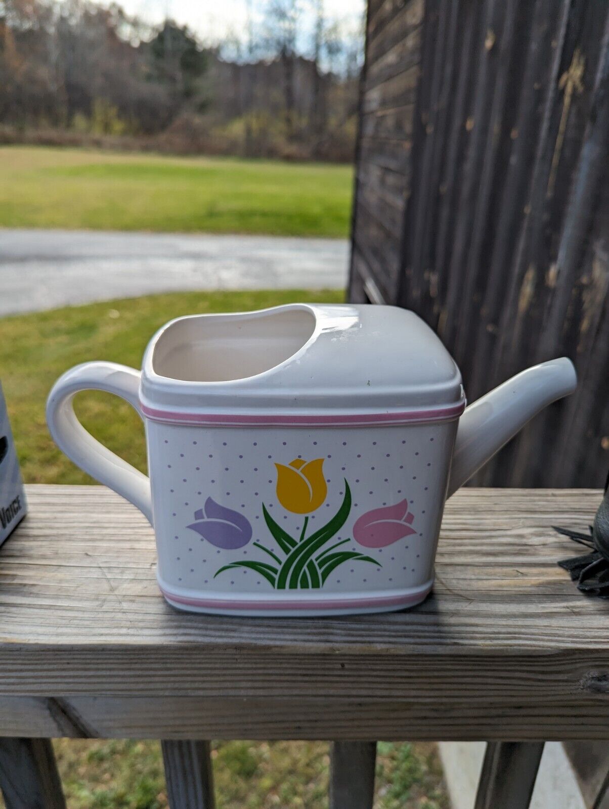 1985 Teleflora Gift Ceramic Watering Can Flower Pot Planter Tulips Spring Design