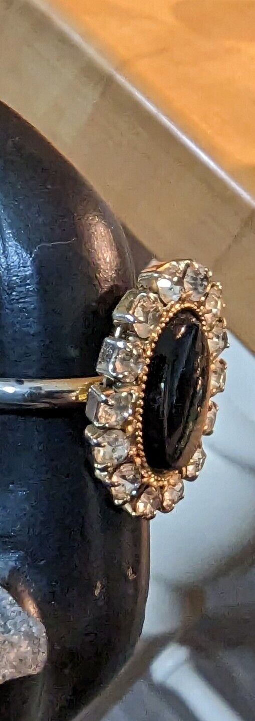 Vintage Domed Black Onix With Rhinestones Ring Size 8 Adjustable