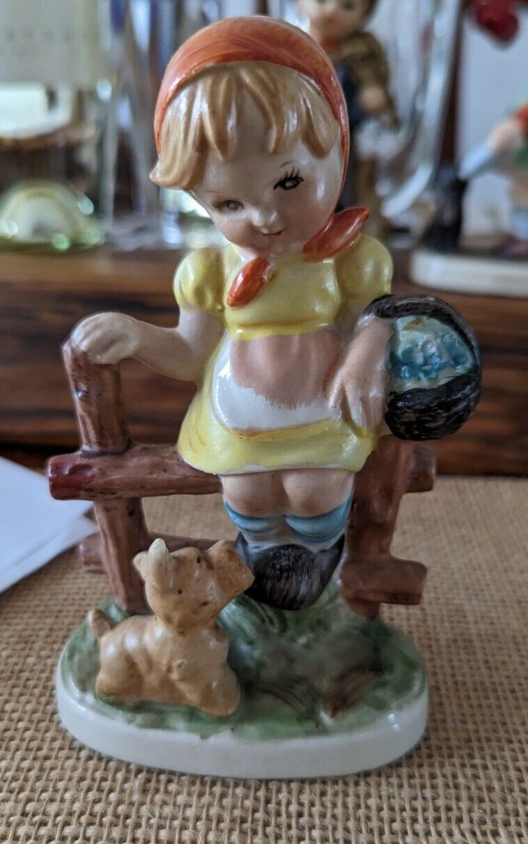 Knobler Co Ceramic Girl Sitting On A Fence With Dog Figurine