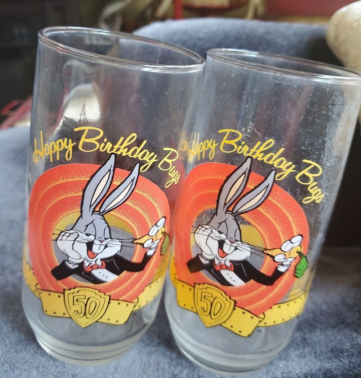 Bugs Bunny Anniversary Glasses "Happy Birthday Bugs" 50th Set of 2 1990 Warner