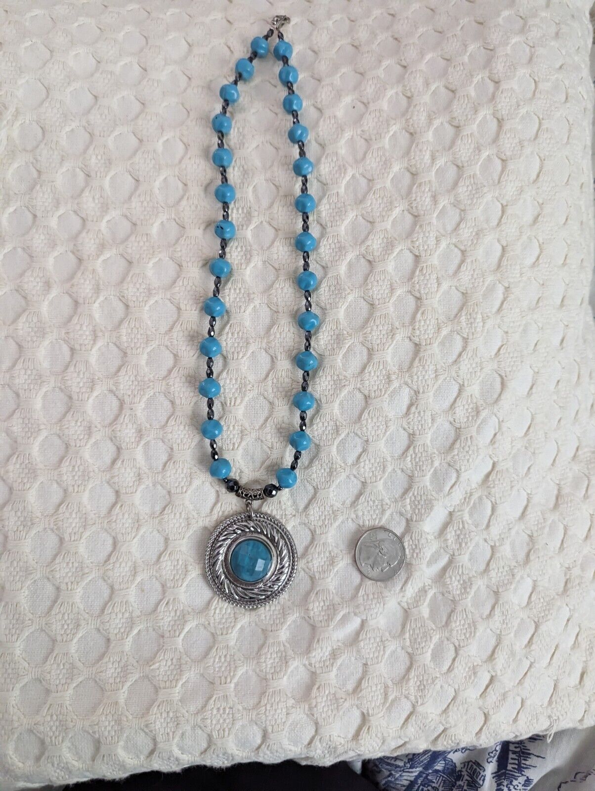 Large Faux Turquoise And Silver Tone Pendant Necklace