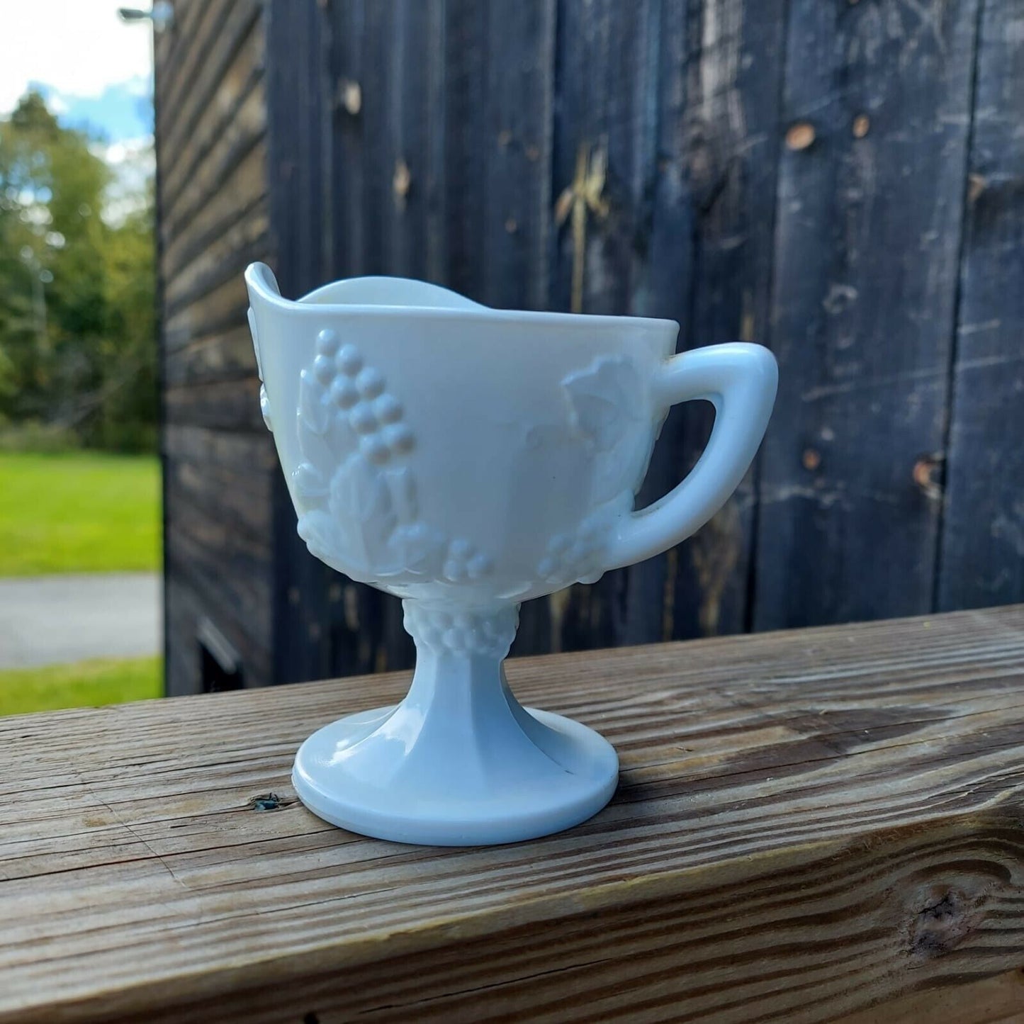 Milk Glass Creamer Pedestal, Indiana Glass Harvest Grape Pattern