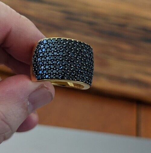 925 Sterling Silver GIE India Wide Band Black Diamonds Pave Ring size 9.25