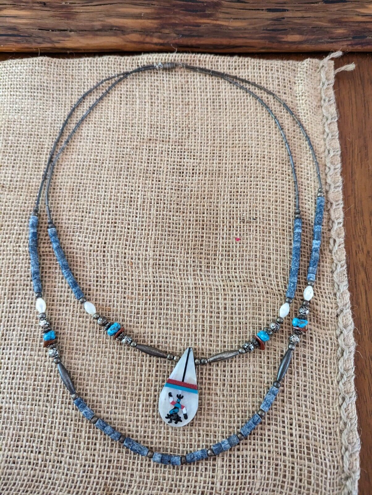 Santo Domingo Pueblo Navajo Inlay Coral Shell Turquoise Kachina 2 Layer Necklace