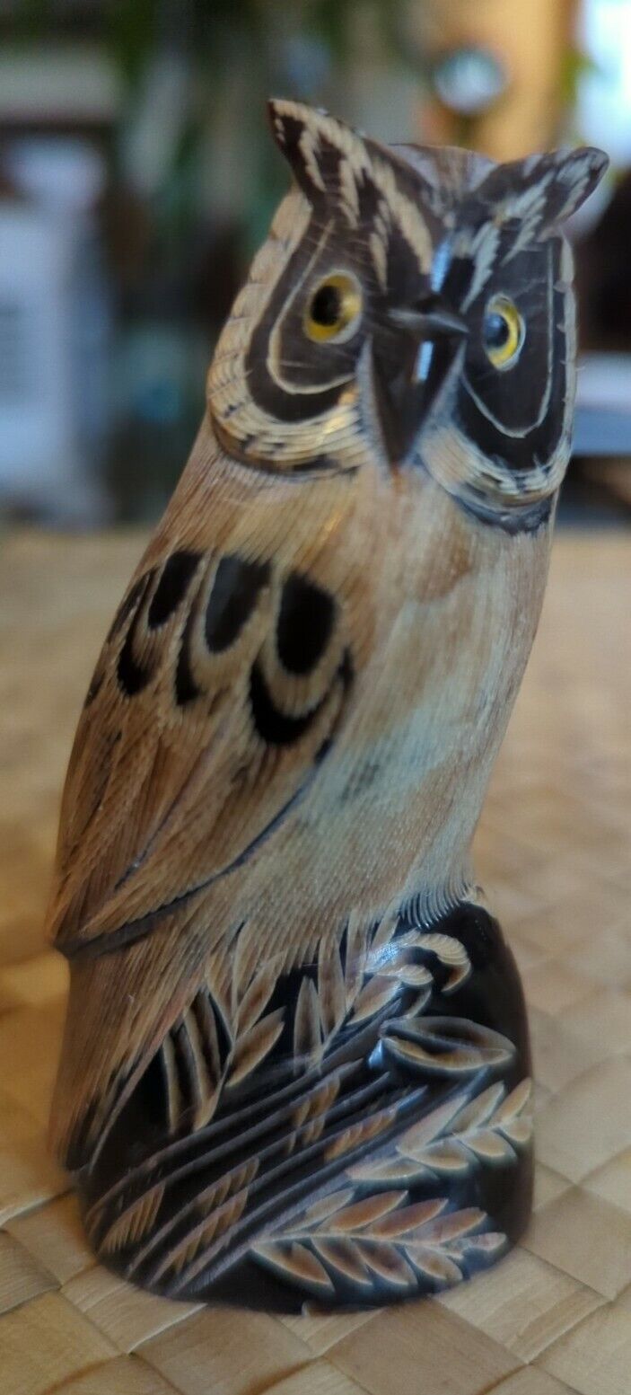 Water Buffalo Horn Carved Owl Figurine 4" tall.