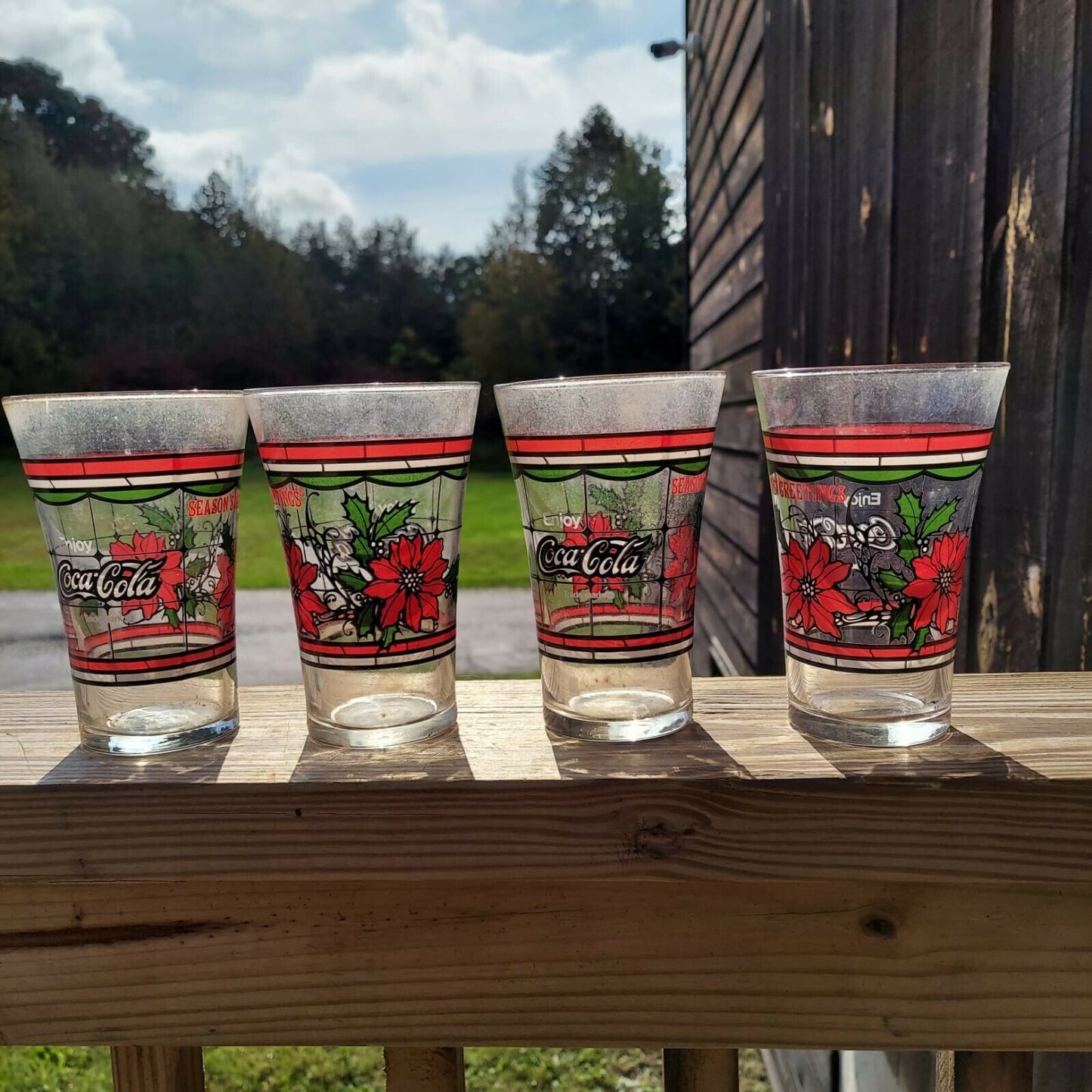 Vintage Set Of four Coca Cola Seasons Greetings Holidays Glasses