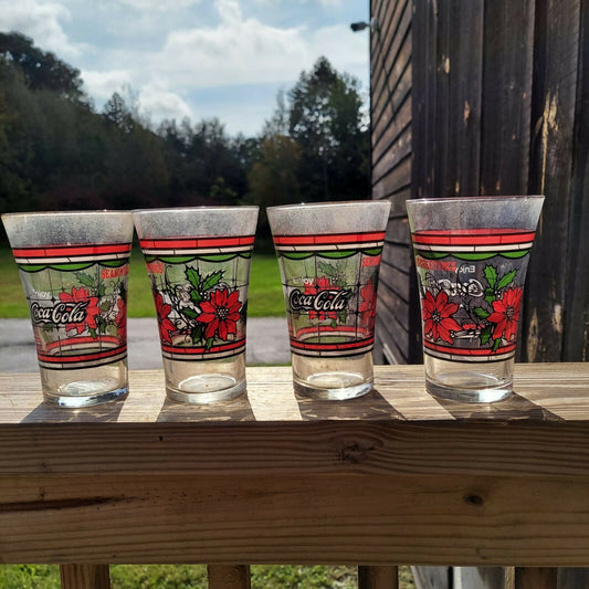 Vintage Set Of four Coca Cola Seasons Greetings Holidays Glasses