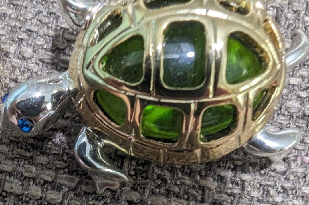 Metal And Green Glass Turtle Brooch Silver And Gold Tone