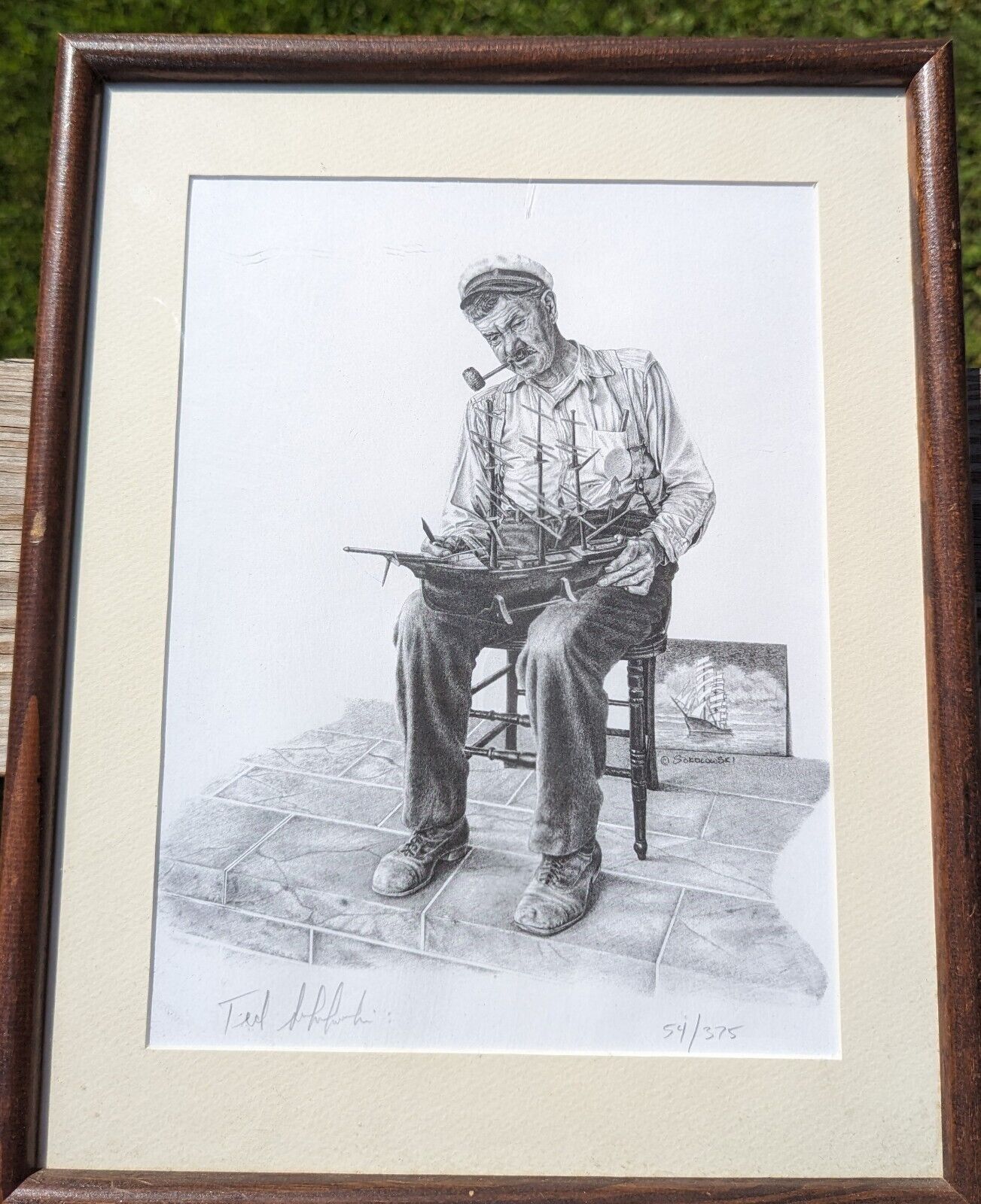 Signed Framed Print 54/375 Of Seated Captain With Ship Model Vintage Americana