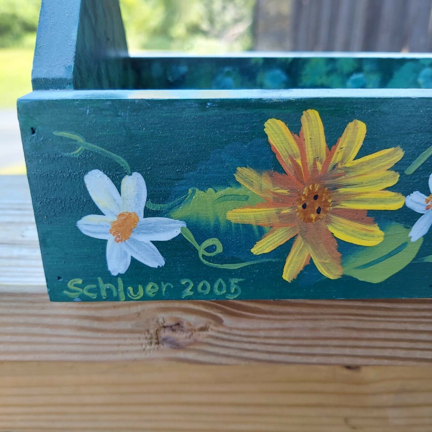 Signed Schluer 2005 Hand Painted Wood Planter