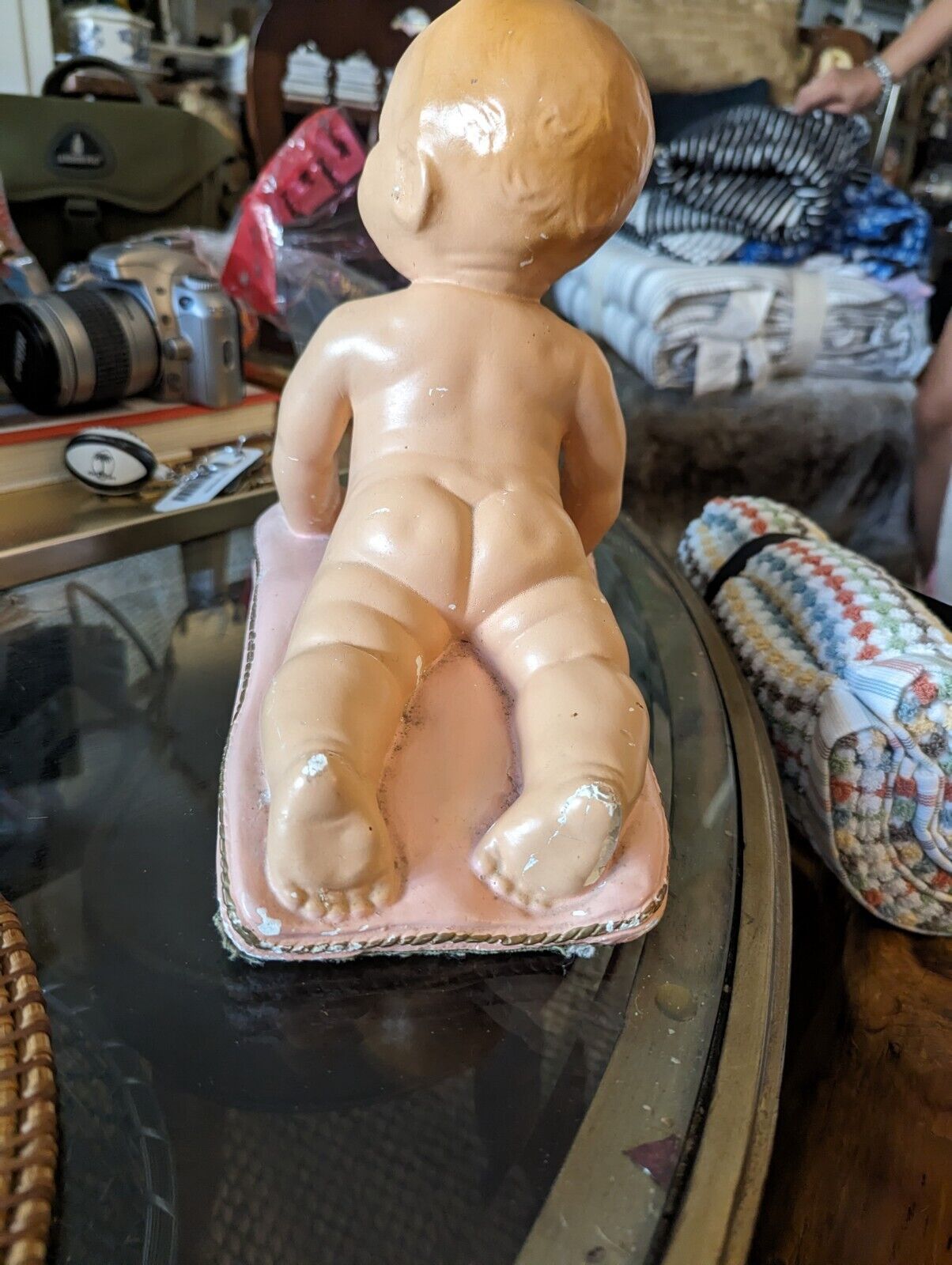 True Vintage 50s Chalkware Piano Baby - Poured Painted plaster baby girl Rare