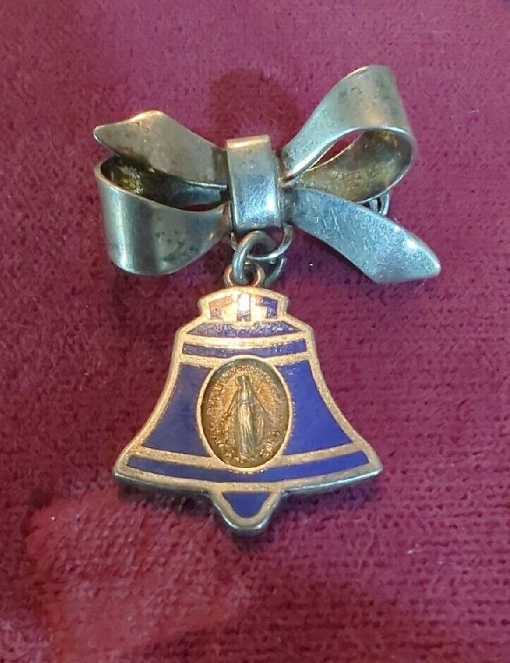 Vintage Sterling Our lady Of The Bell Medal blue enamel With Ribbon