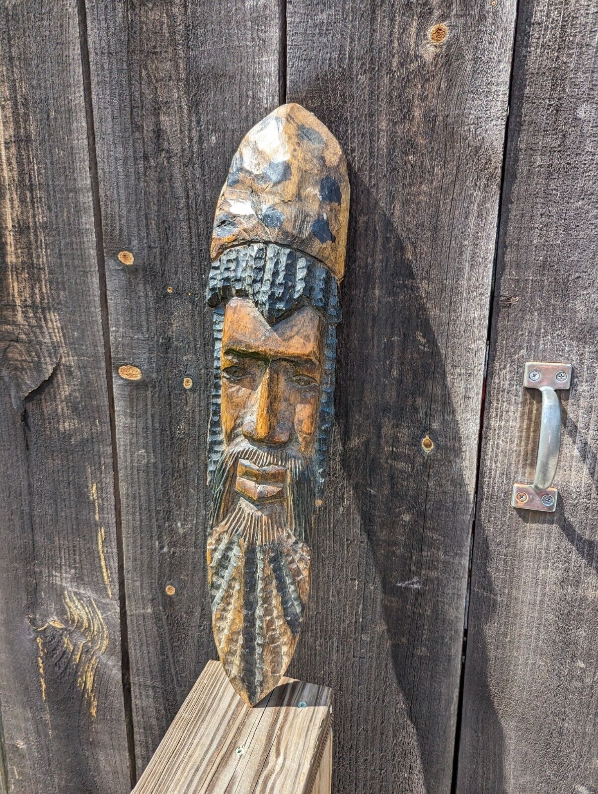 Slender Elongated Primitive Bearded Real Wood Carved Man Mask Wall Hanging 2 Ft