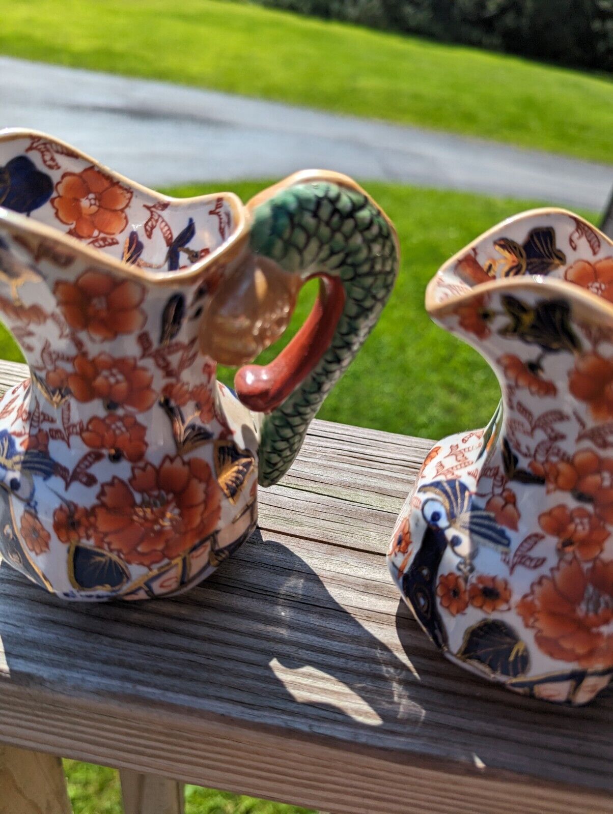 Two(!) Mason’s Ironstone Imari Pitchers With Hydra Handles Multicolor Lively 6"