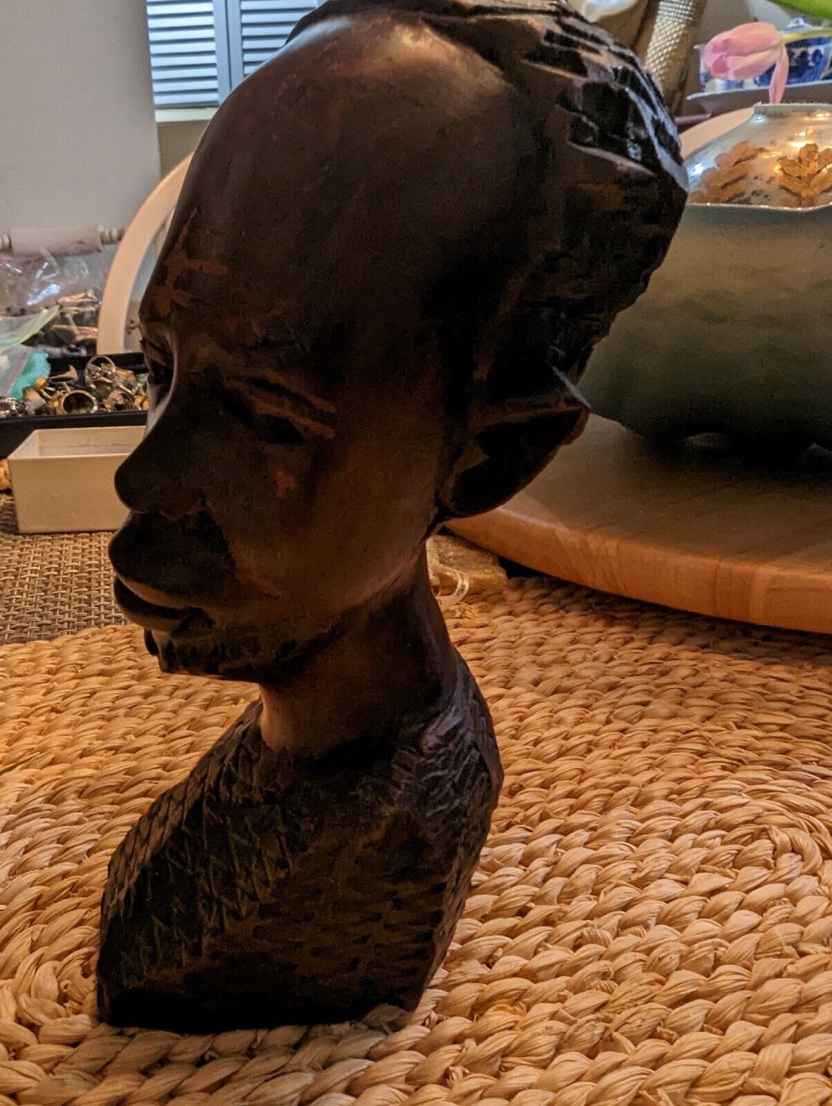 Vintage Hand Carved Male Head Sculpture 8” Tall Solid Wood