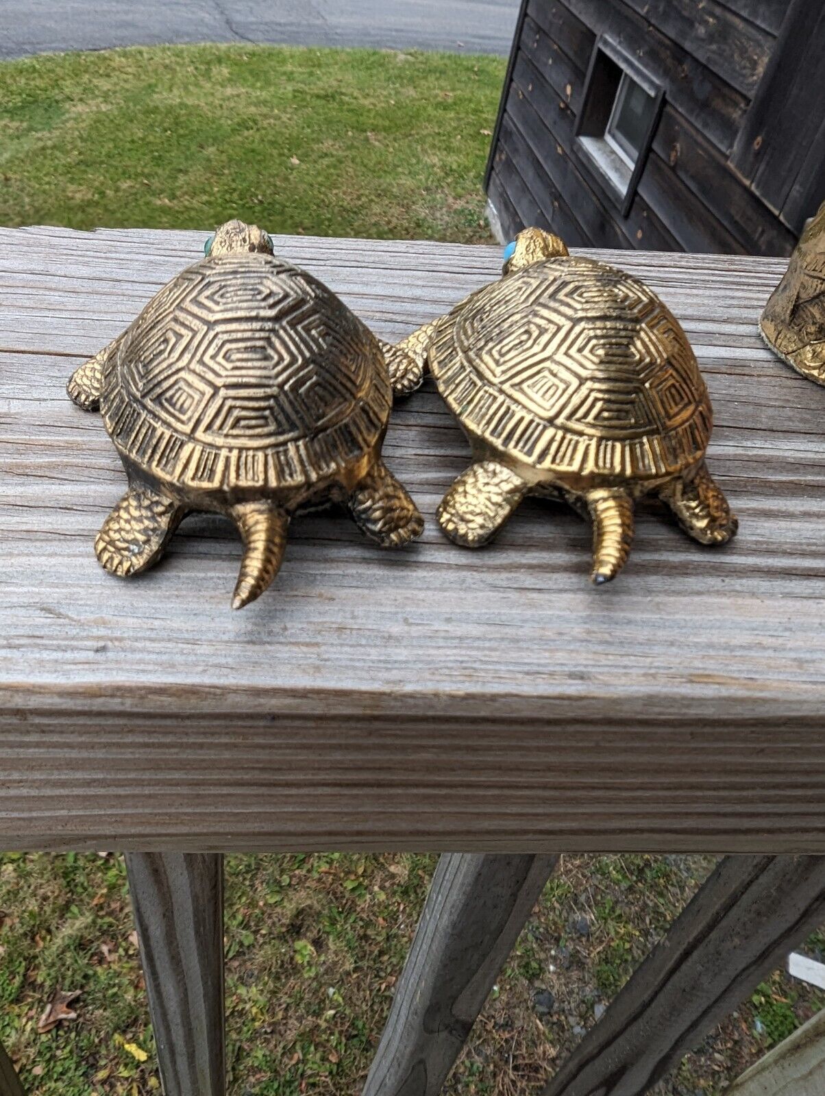 Vintage Holiday Fair Co 1971 Two Turquoise Eyed Brass Turtles Figurines Japan