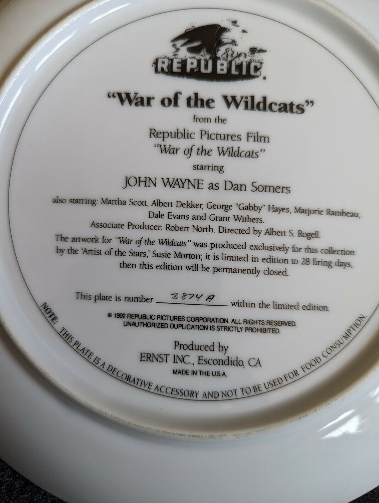 John Wayne WAR OF THE WILDCATS Plate 1992