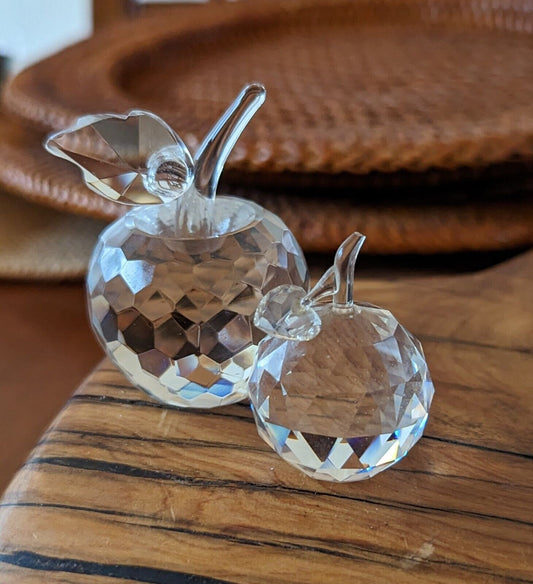 Two Faceted Crystal Glass Apple Figurines