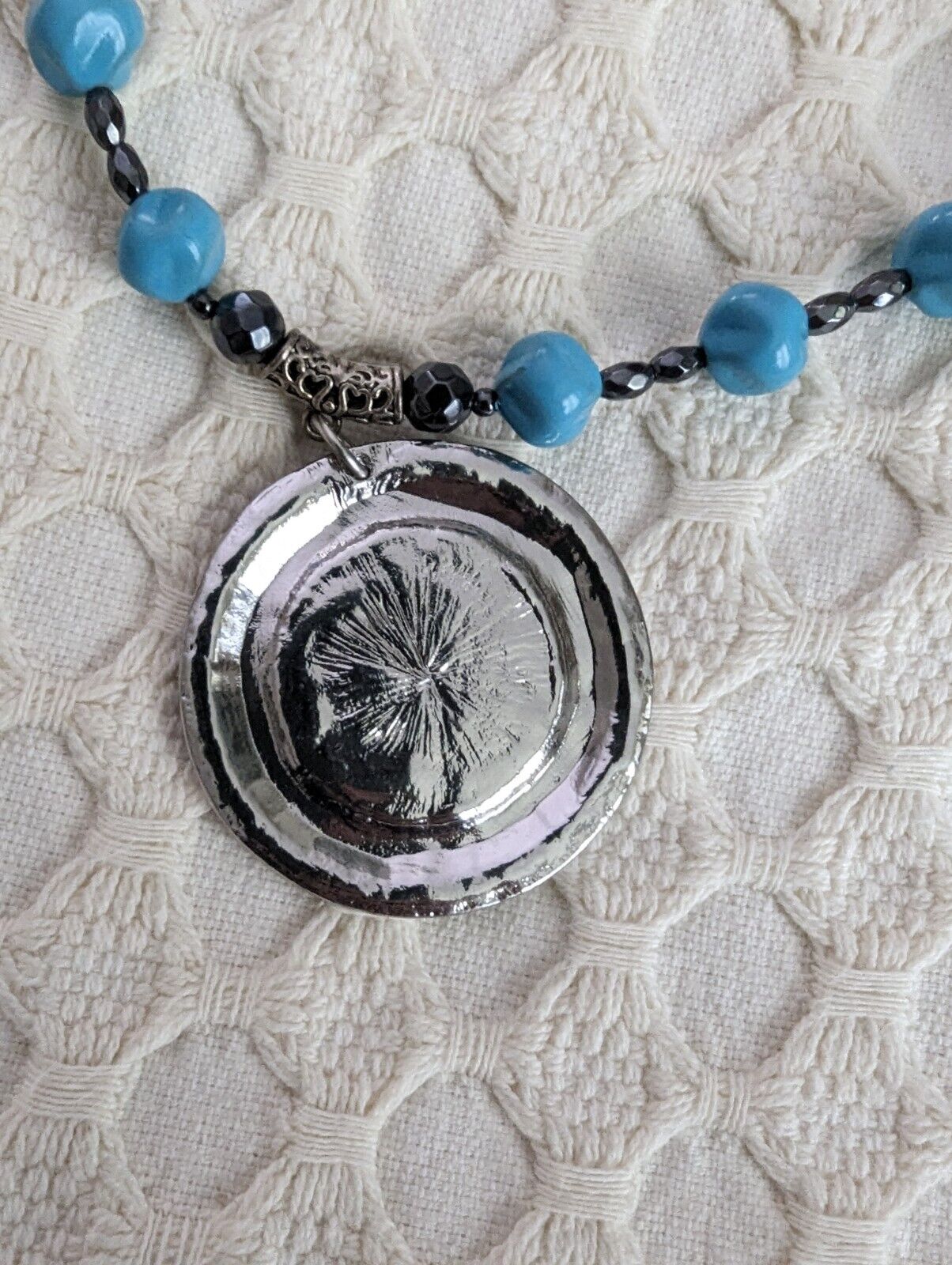 Large Faux Turquoise And Silver Tone Pendant Necklace